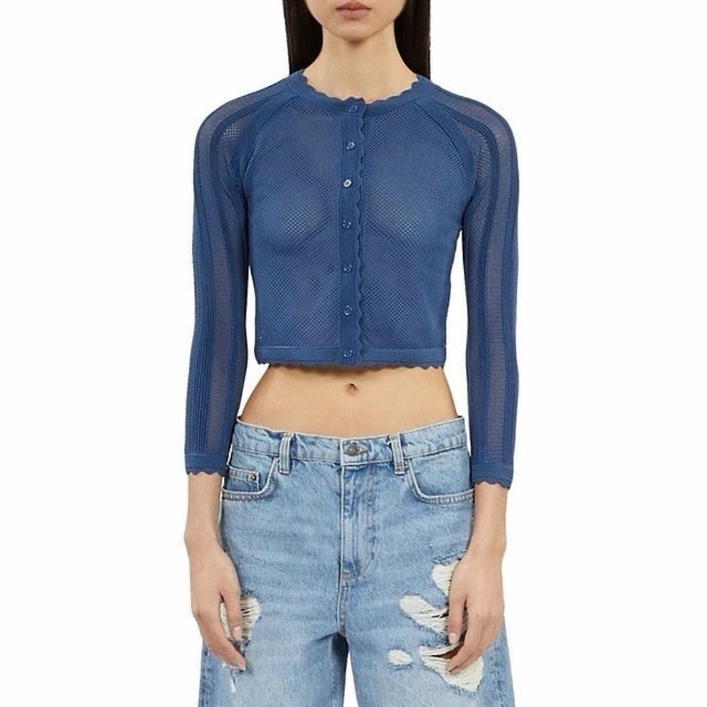 The Kooples Mesh Cardigan‎ Womens S Blue Sheer Crop Y2K Fairy Grunge